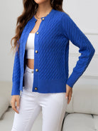 Midnight Blue Round Neck Cable-Knit Buttoned Knit Top Clothing