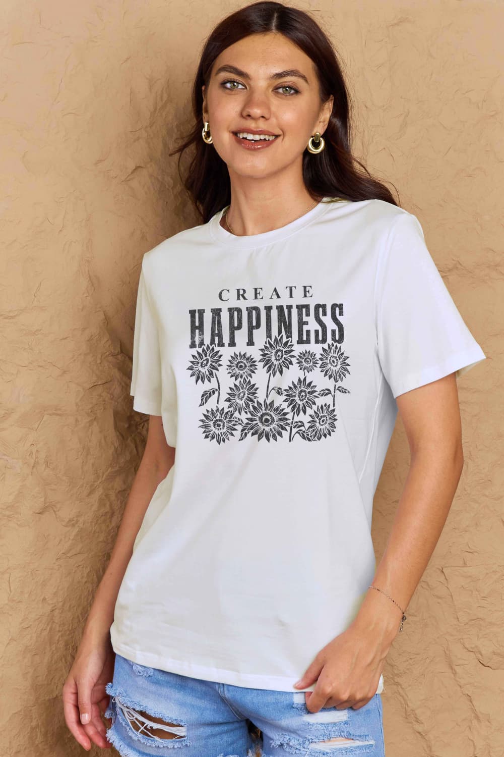 Rosy Brown Simply Love Full Size CREATE HAPPINESS Graphic Cotton T-Shirt