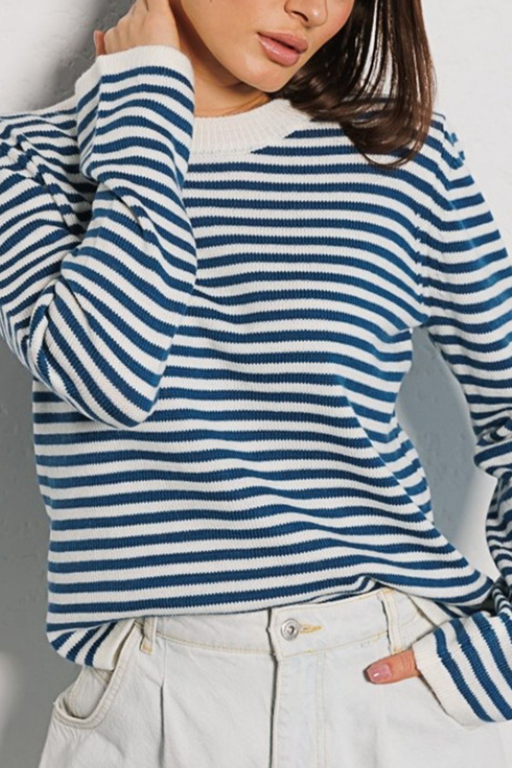 Light Gray Striped Round Neck Long Sleeve Sweater Clothing