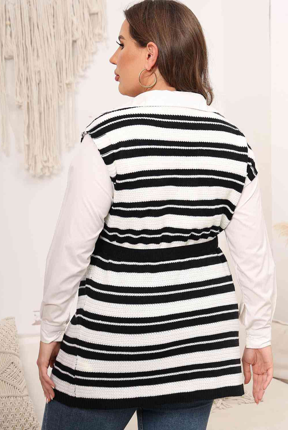 Black Plus Size Striped Colared Neck Tied Front Sweater Vest Plus Size Clothes