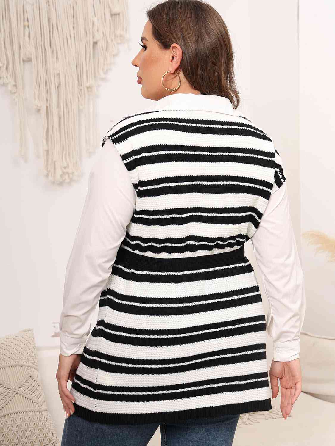 Black Plus Size Striped Colared Neck Tied Front Sweater Vest Plus Size Clothes