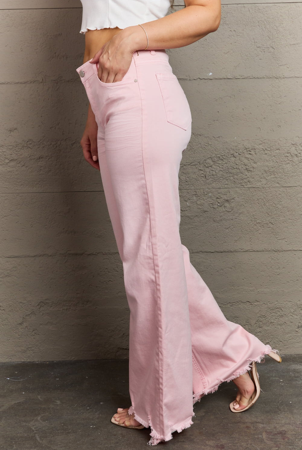 Dim Gray Raelene Full Size High Waist Wide Leg Jeans in Light Pink Denim