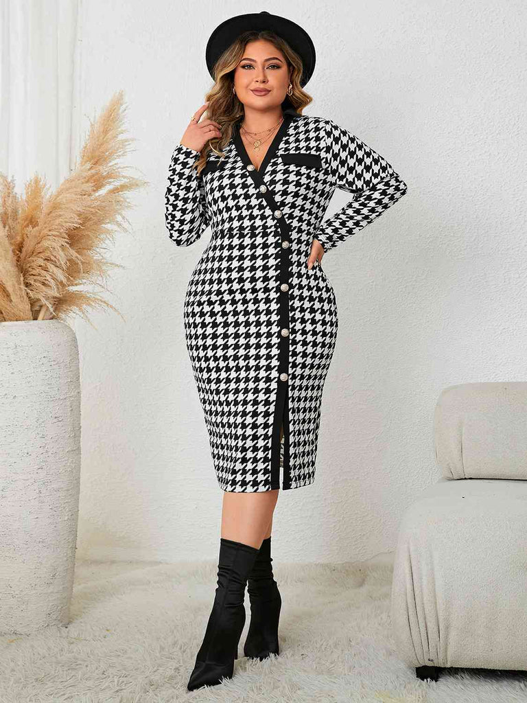 Gray Plus Size Houndstooth Long Sleeve Slit Dress Plus Size Clothes