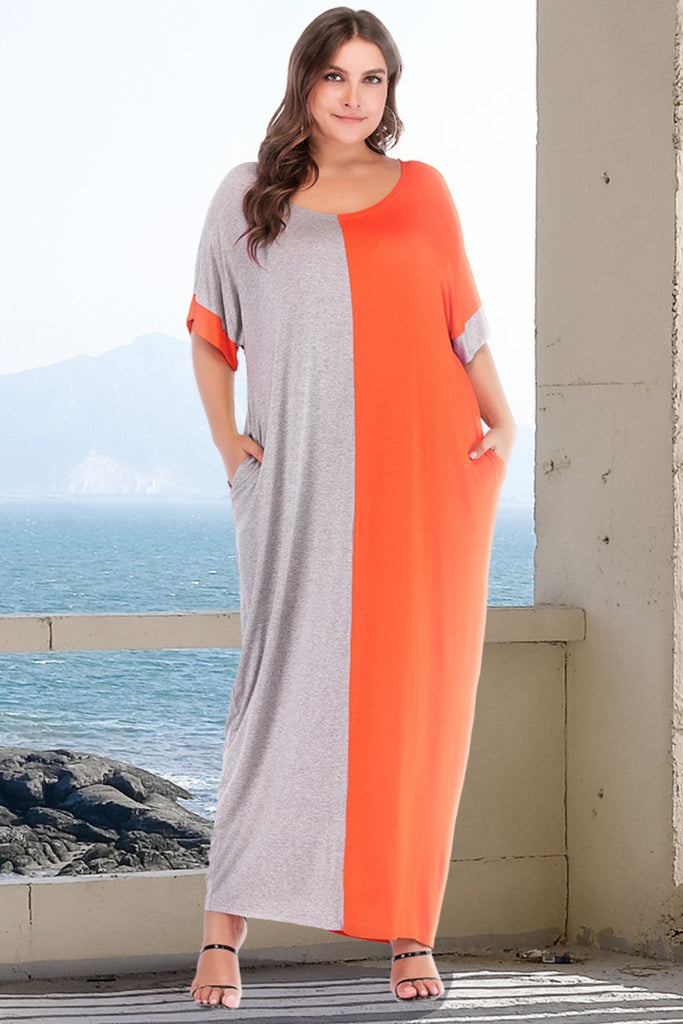 Rosy Brown Plus Size Color Block Tee Dress with Pockets Clothes
