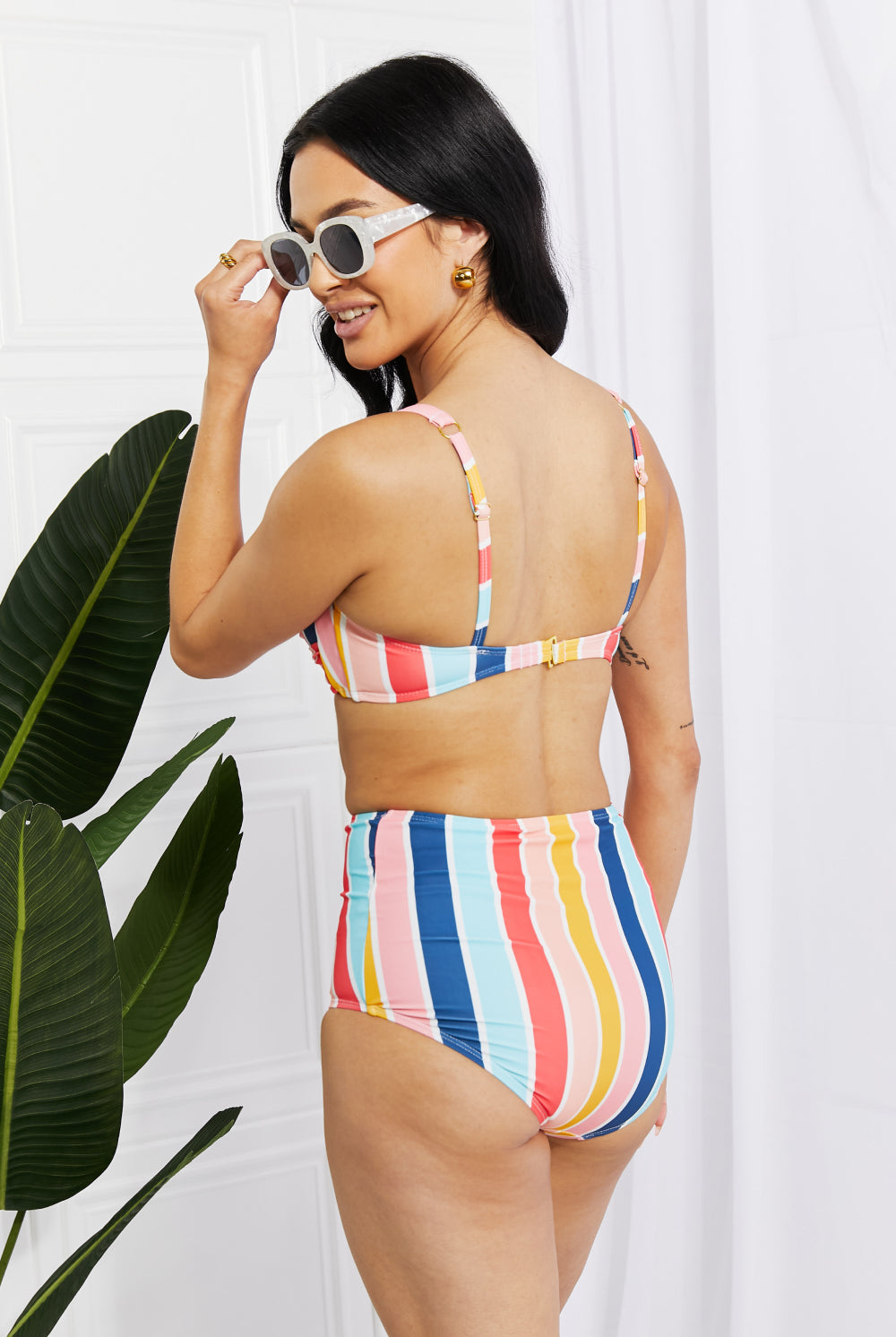 Light Gray Marina West Swim Take A Dip Twist High-Rise Bikini in Stripe Swimwear
