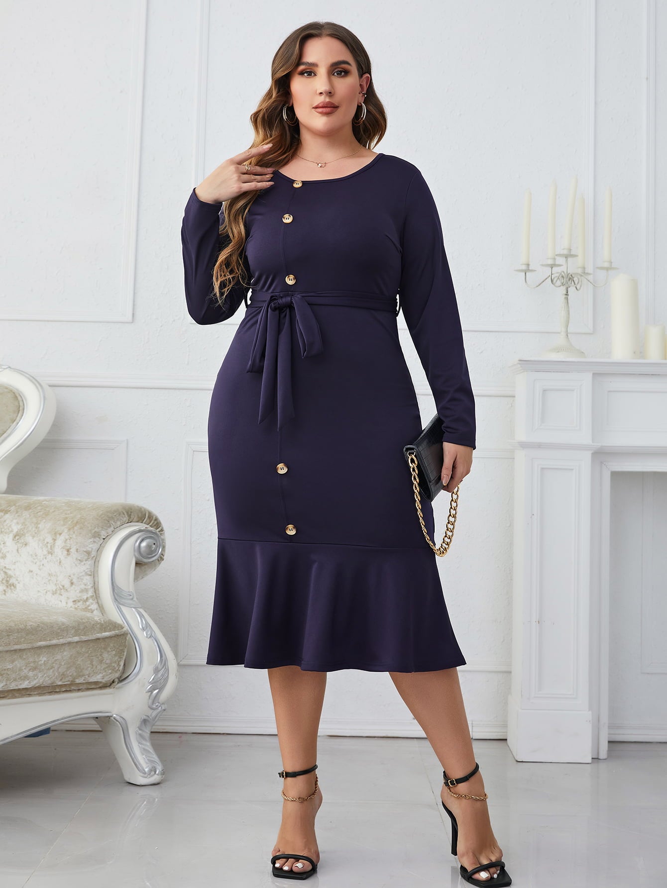 Light Gray Put Them To Work Plus Size Buttoned Round Neck Tie Belt Midi Dress Plus Size Dresses