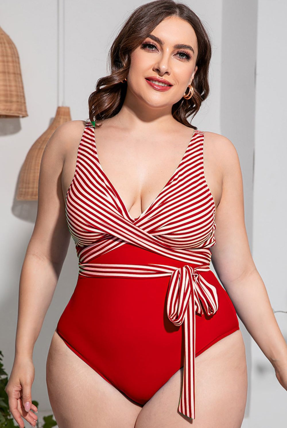 Gray No Caption Needed Plus Size Striped Tie-Waist One-Piece Swimsuit Swimwear