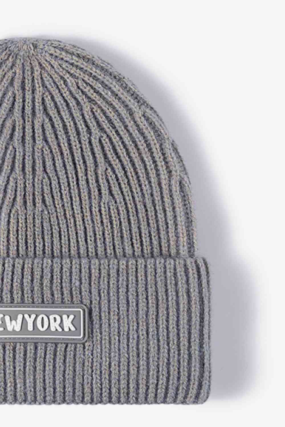 Gray NEWYORK Patch Rib-Knit Cuffed Beanie Winter Accessories