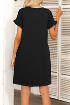 Black Flounce Sleeve Round Neck Dress with Pockets