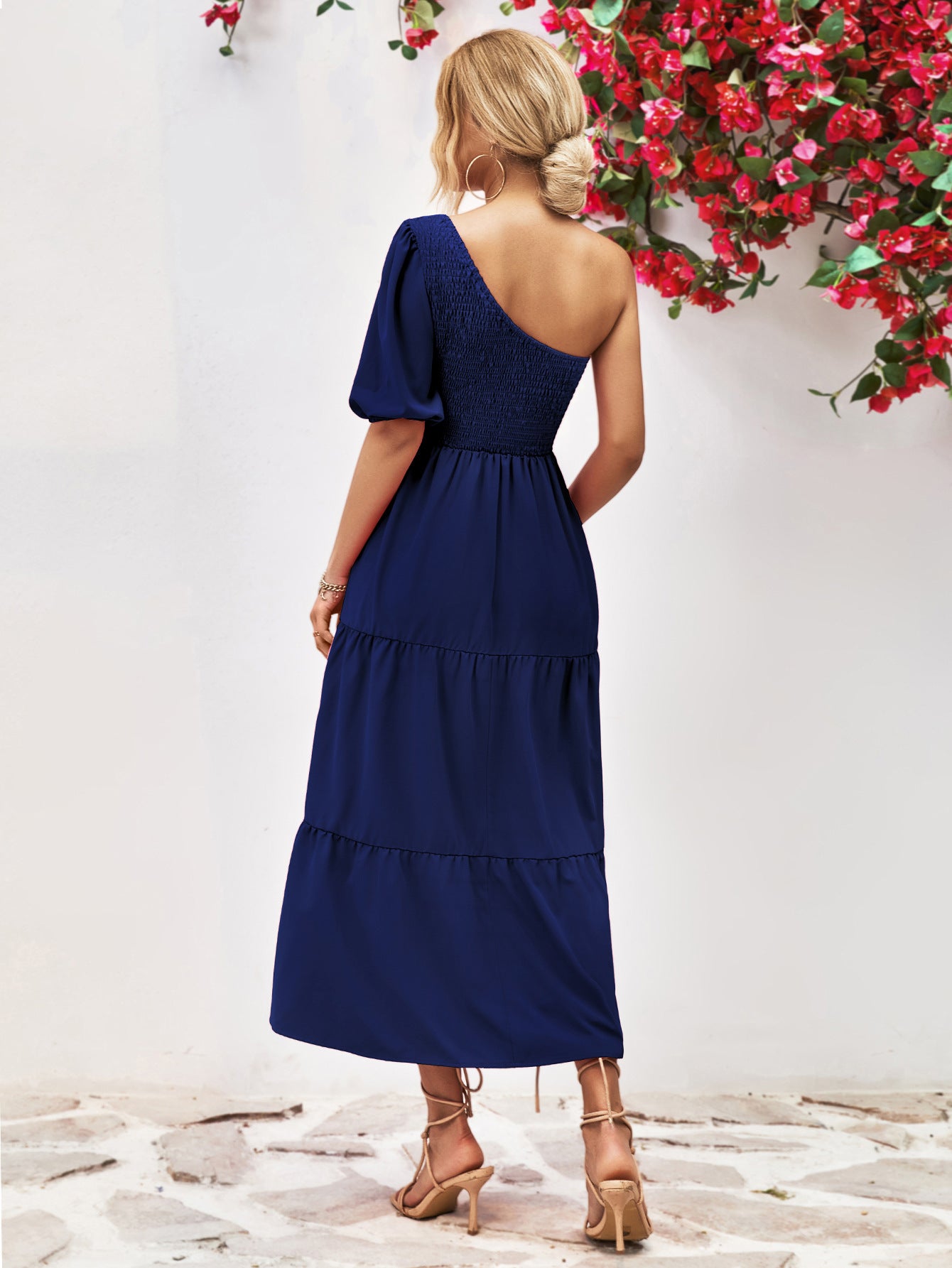 Dark Slate Gray Smocked One-Shoulder Midi Dress Clothes