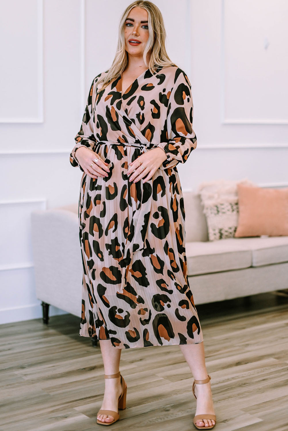 Gray Plus Size Leopard Print Surplice Neck Long Sleeve Midi Dress Clothing