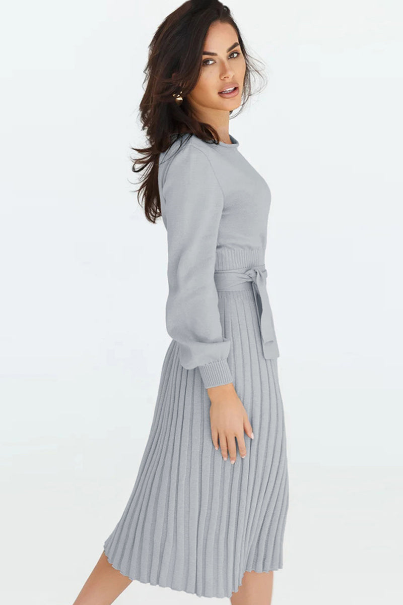 Lavender Round Neck Long Sleeve Pleated Sweater Dress Clothing