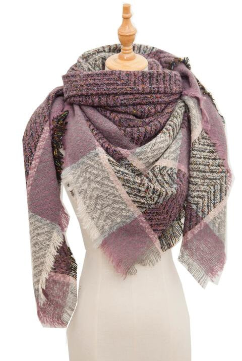 Rosy Brown Plaid Raw Hem Polyester Scarf Winter Accessories