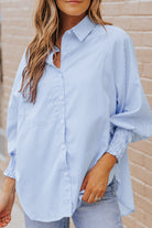 Gray Striped Lantern Sleeve Collared Shirt Tops