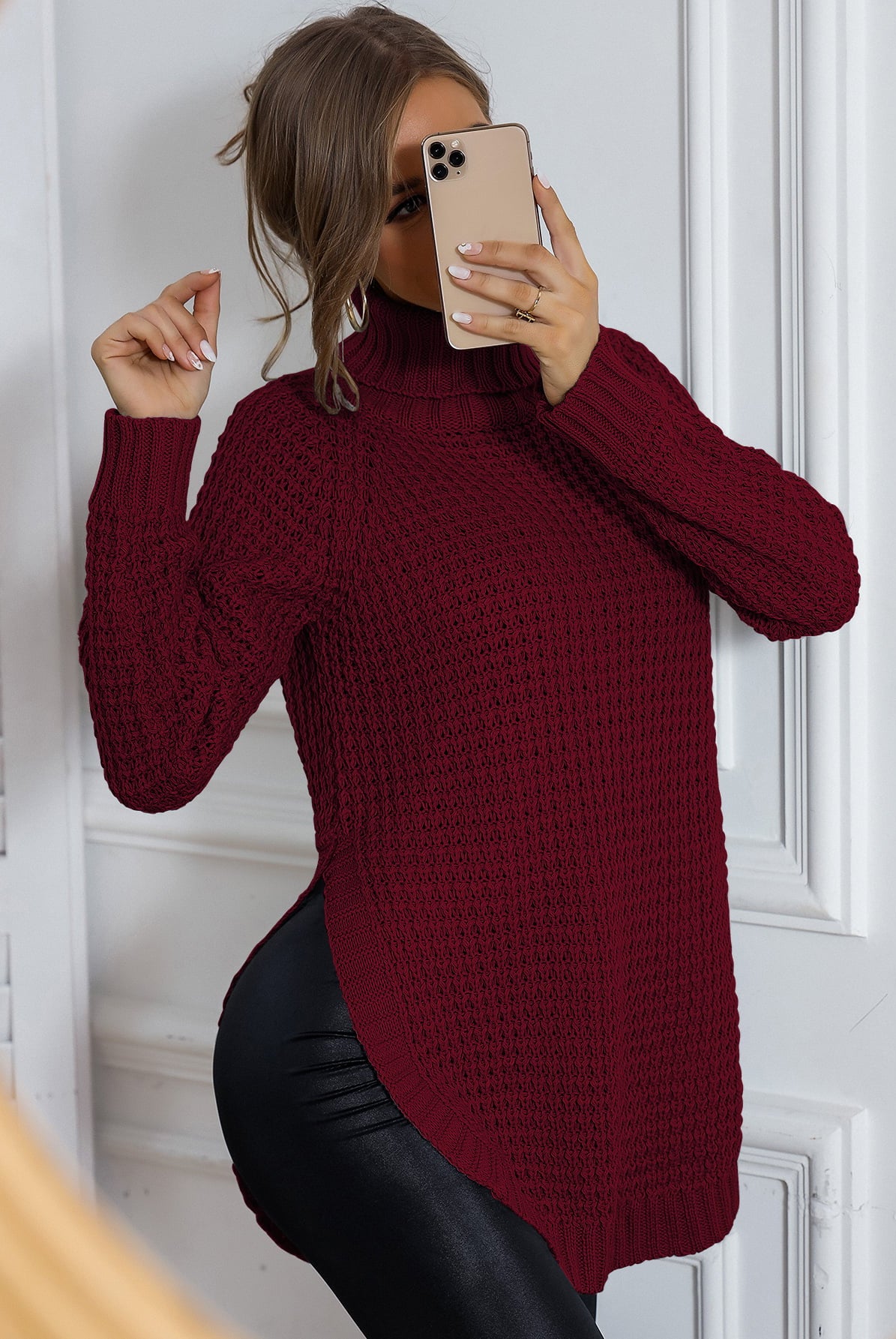 Gray Street Chic Waffle-Knit Turtle Neck Long Sleeve Sweater Pullover Sweaters