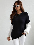 Black Sun Kissed Two-Tone Rib-Knit Dropped Shoulder Sweater Shirts & Tops