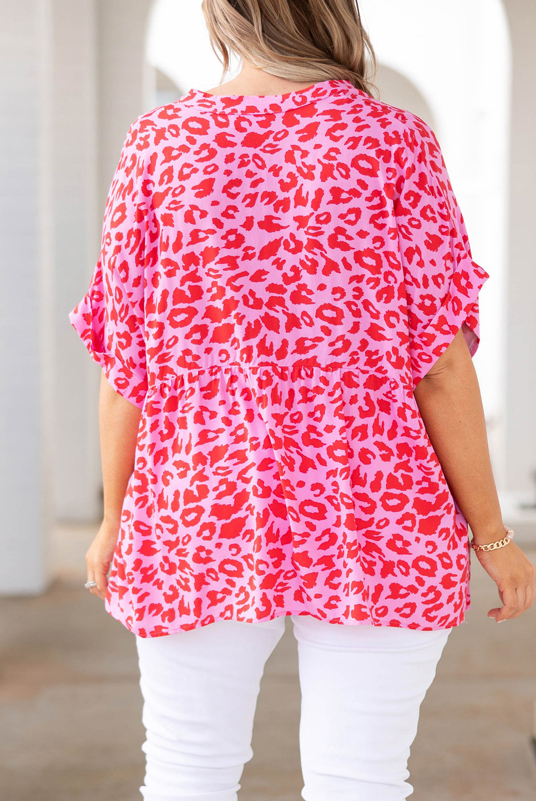 Thistle Plus Size Printed Notched Neck Half Sleeve Top Tops