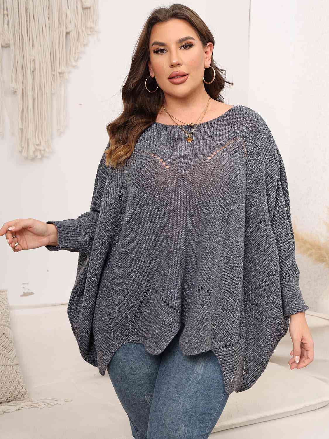 Dark Slate Gray Plus Size Round Neck Batwing Sleeve Sweater Plus Size Clothes