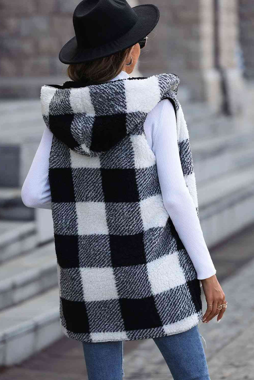 Slate Gray Plaid Hooded Vest with Pockets Winter Accessories