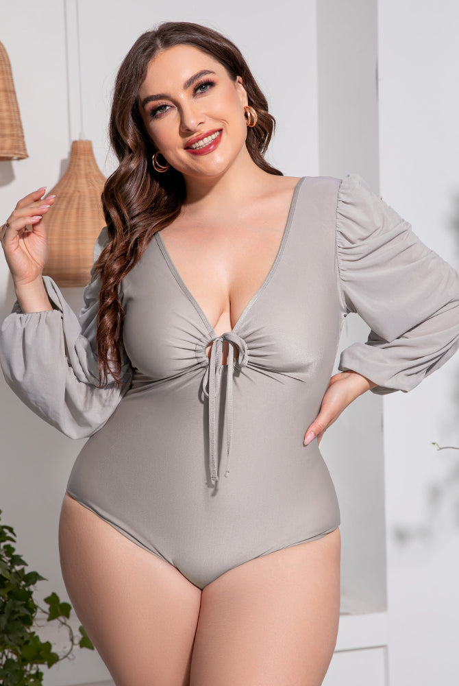 Gray Plus Size Tied Deep V Balloon Sleeve One-Piece Swimsuit Plus Size Clothes