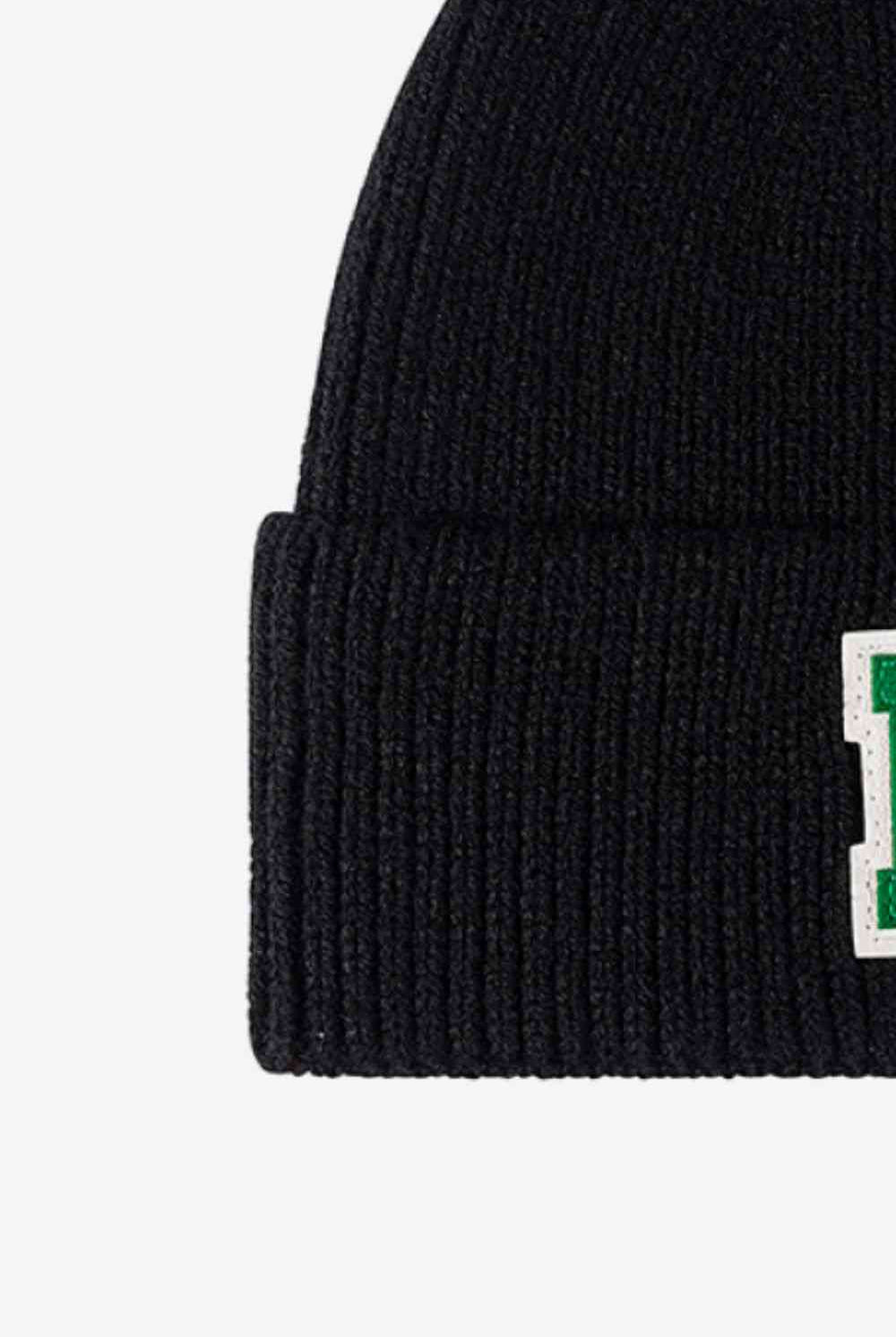 Black Letter Patch Cuffed Knit Beanie Winter Accessories