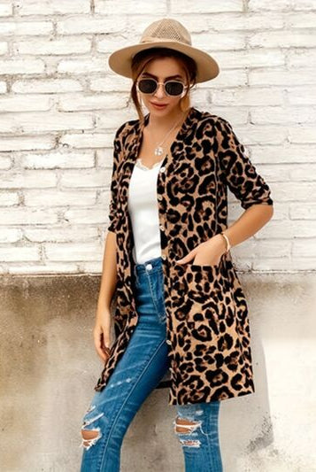 Antique White Leopard Button Up Long Sleeve Cardigan Trends