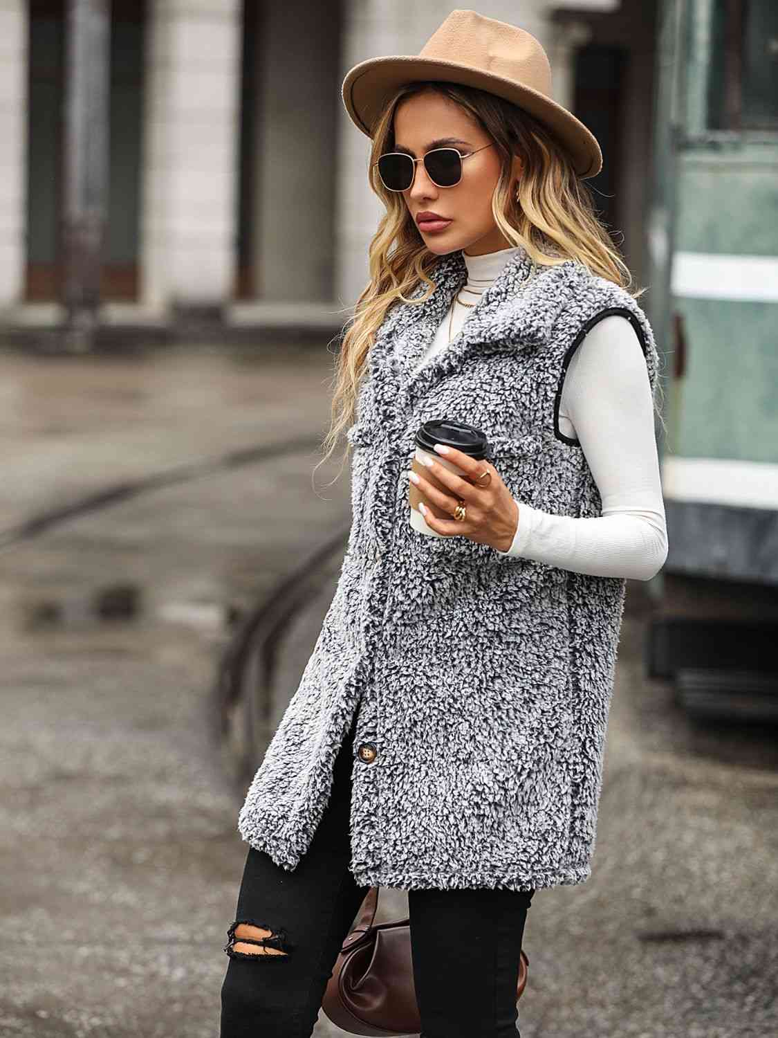 Dim Gray Full Size Button Down Collared Neck Vest Winter Accessories