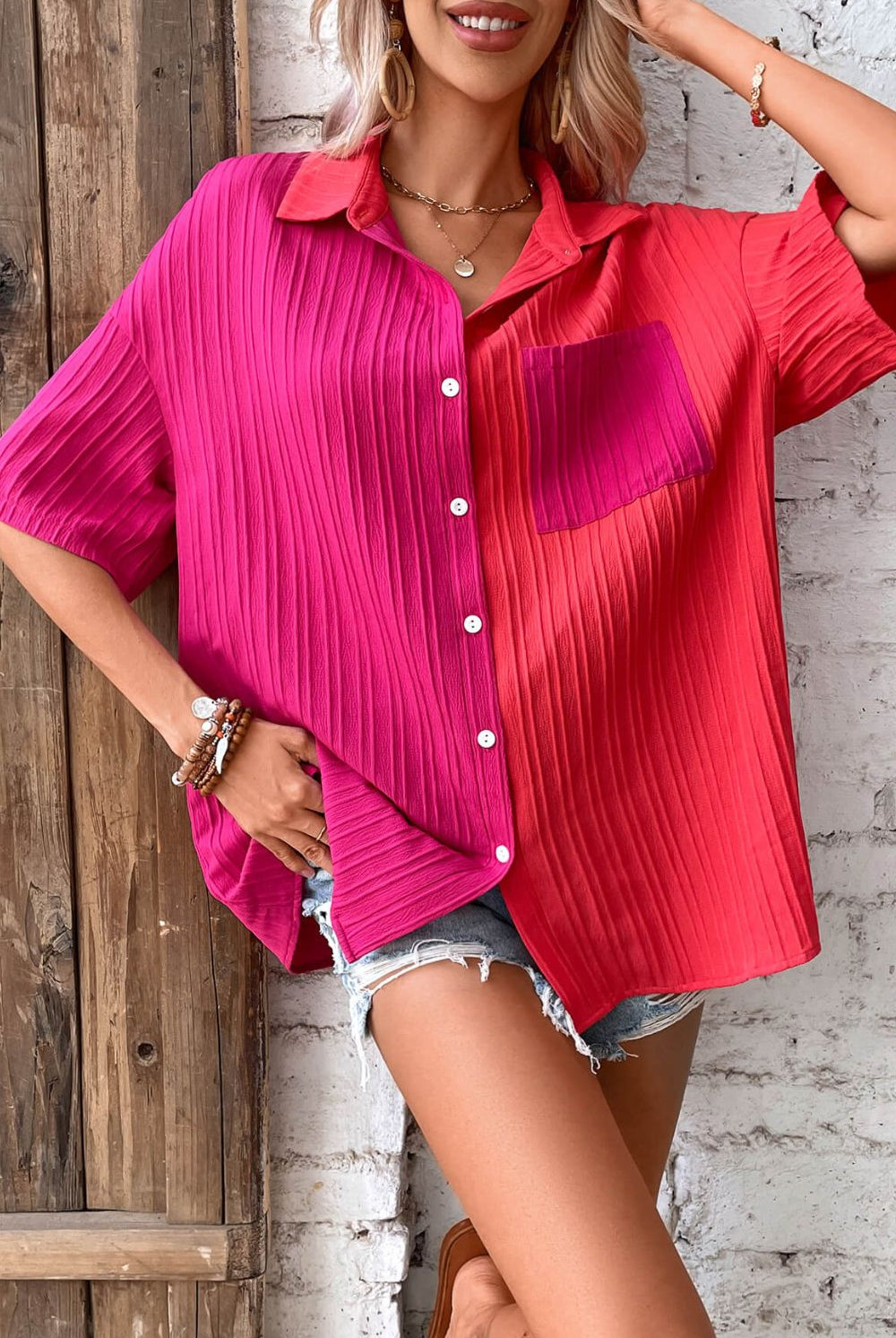 Maroon Flawless Two-Tone Button Front Dropped Shoulder Shirt Tops