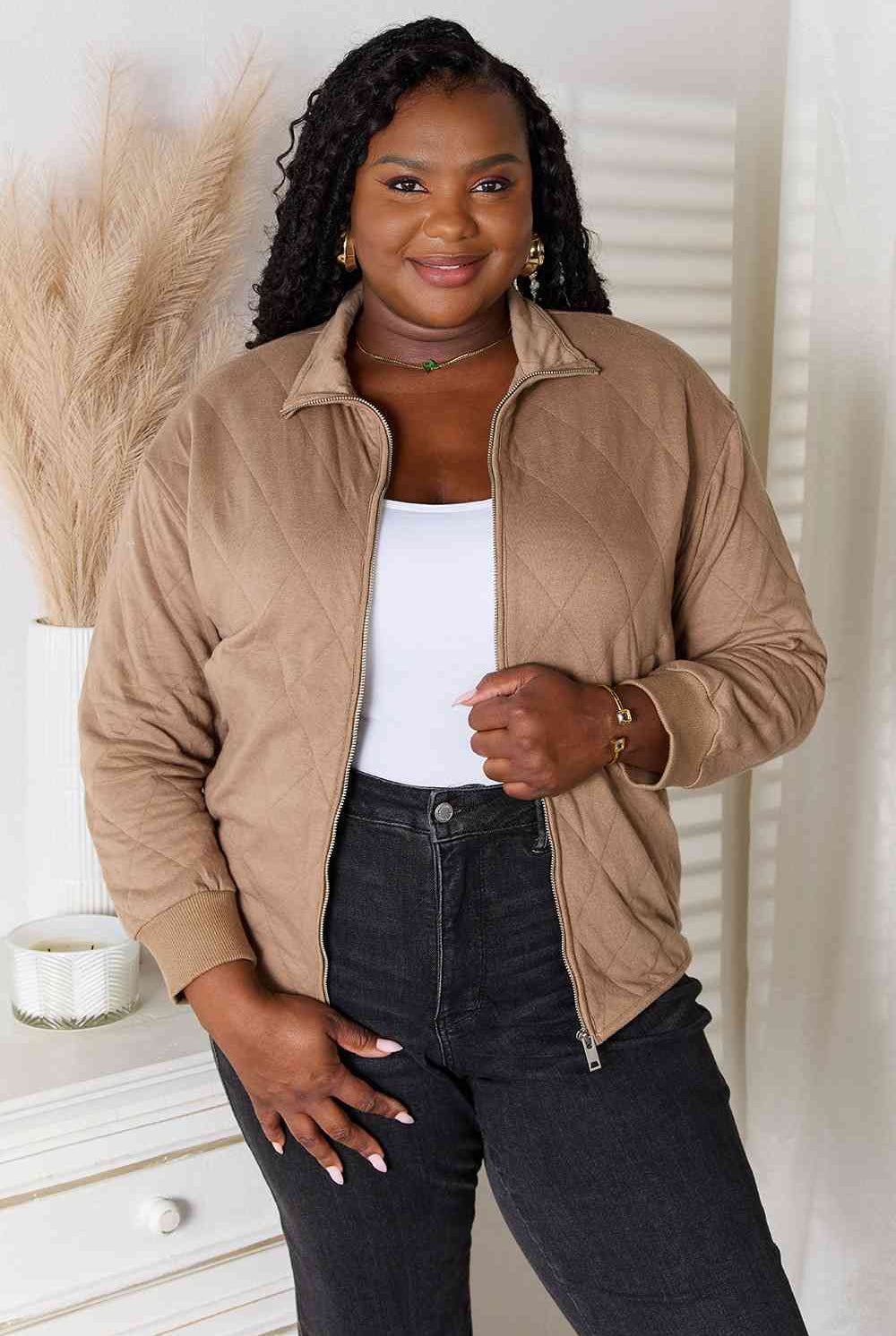 Rosy Brown Heimish Full Size Zip-Up Jacket with Pockets Plus Size Clothes
