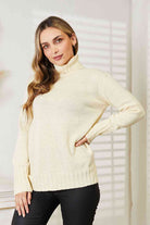 Light Gray Heimish Full Size Long Sleeve Turtleneck Sweater with Side Slit Work Attire