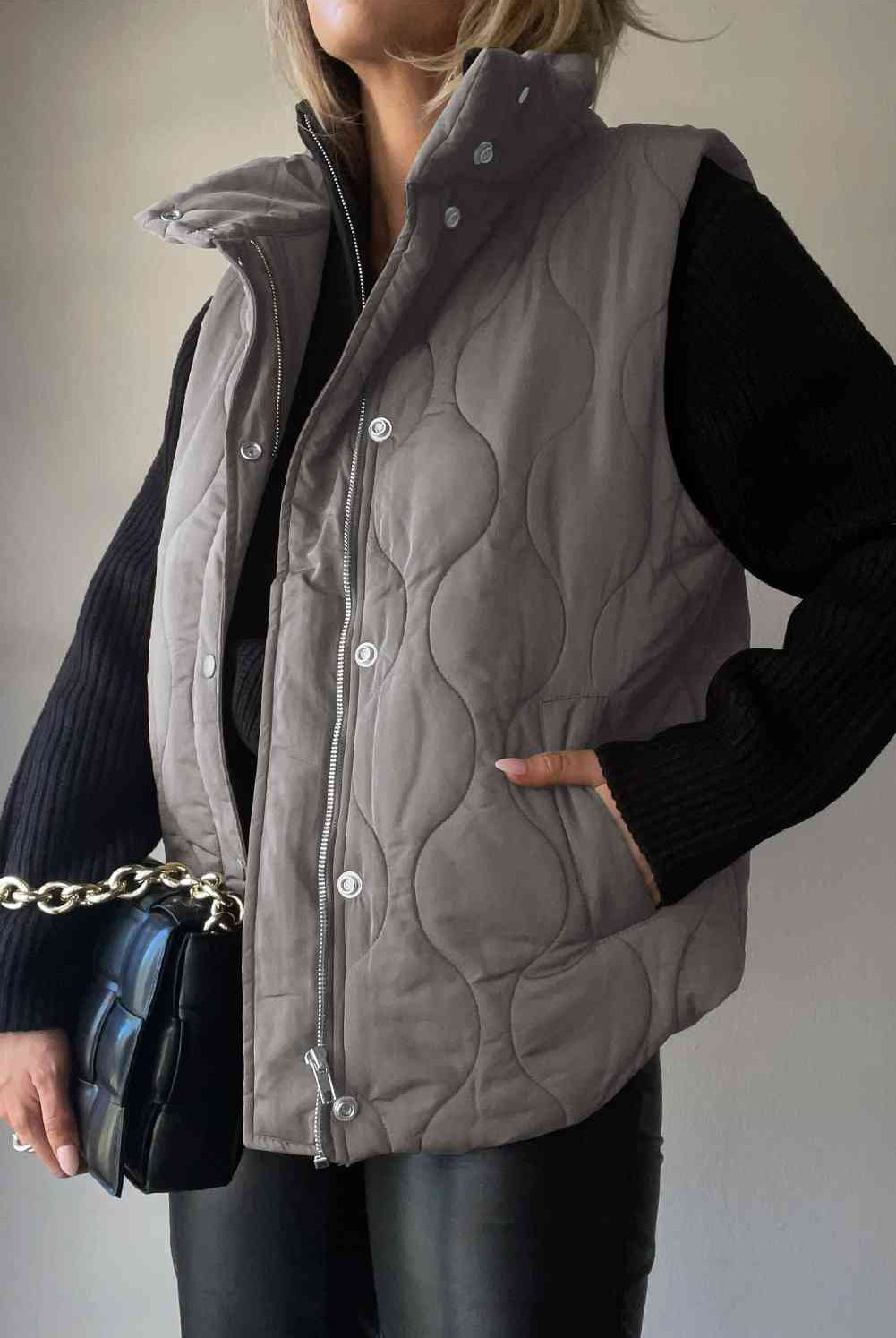 Dark Slate Gray Collared Neck Vest with Pockets Winter Accessories