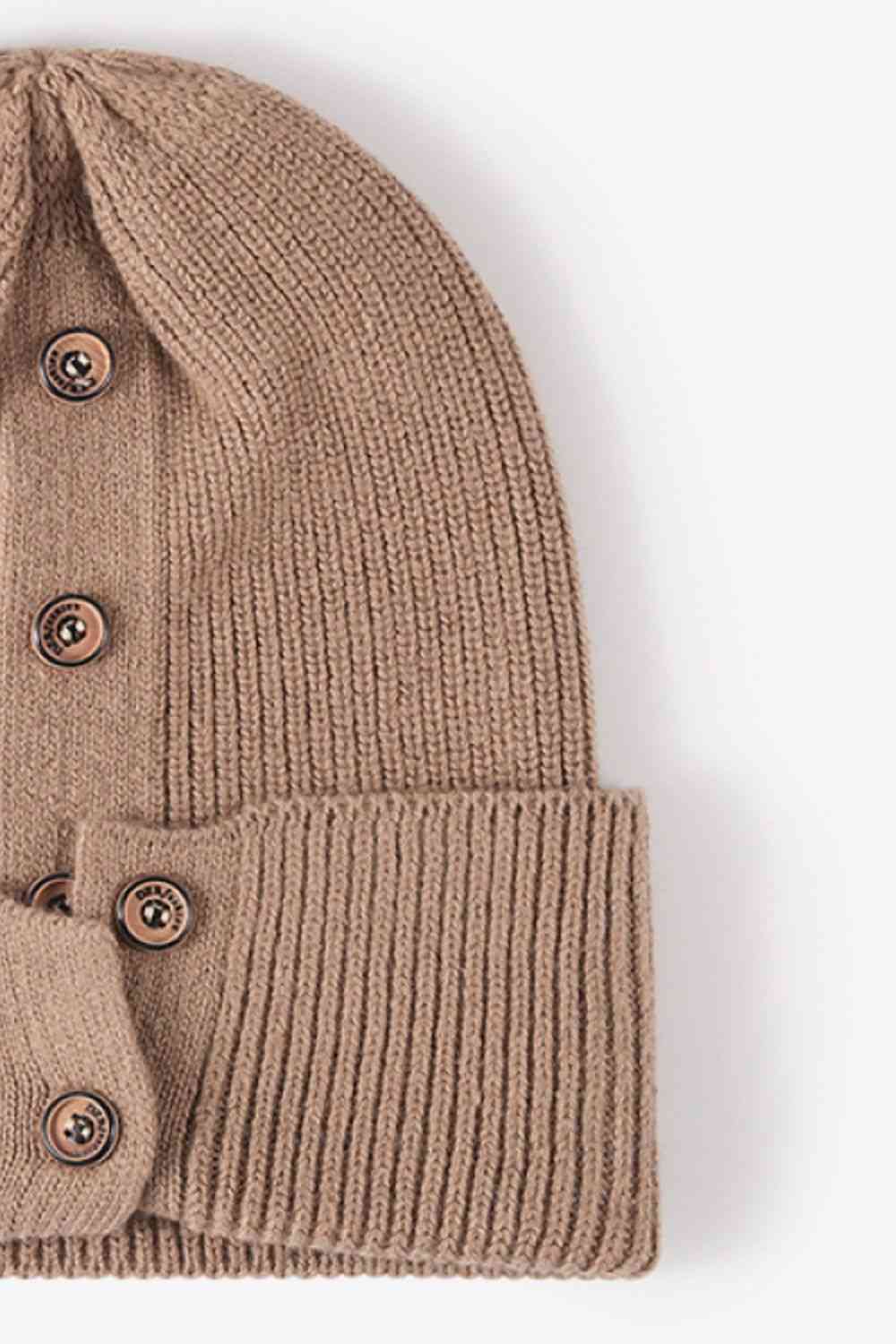 Rosy Brown Button Detail Rib-Knit Cuff Beanie Winter Accessories