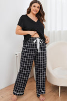 Light Gray Plus Size V-Neck Top and Plaid Pants Lounge Set