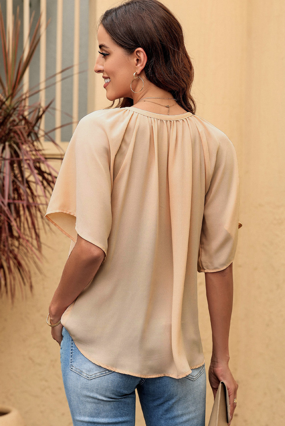 Tan Simply Chic Gathered Detail Notched Neck Flutter Sleeve Top Tops
