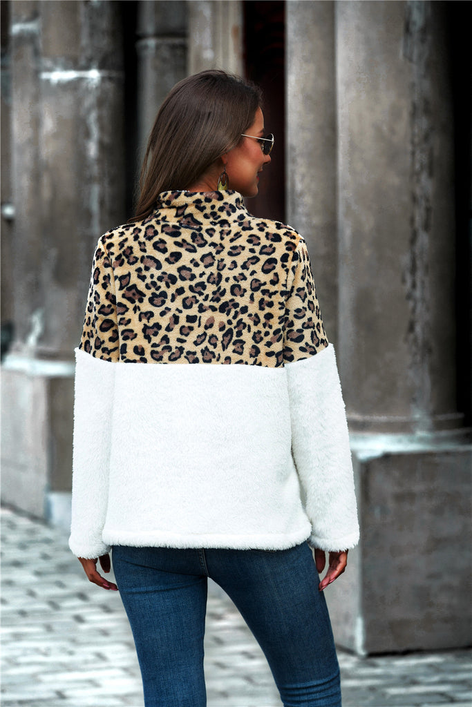 Dark Slate Gray Leopard Color Block Half-Zip Collar Teddy Sweatshirt Shirts & Tops