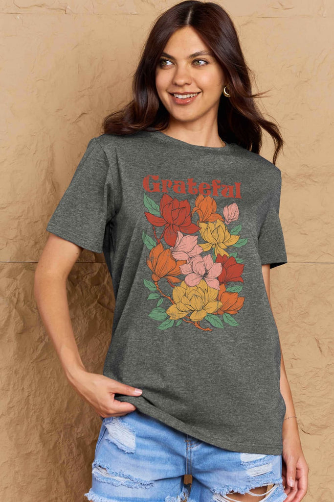 Rosy Brown Simply Love Full Size GRATEFUL Flower Graphic Cotton T-Shirt Graphic Tees
