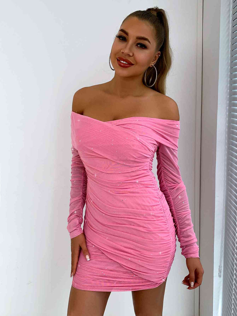 Light Gray Glitter Ruched Off-Shoulder Long Sleeve Bodycon Dress Holiday