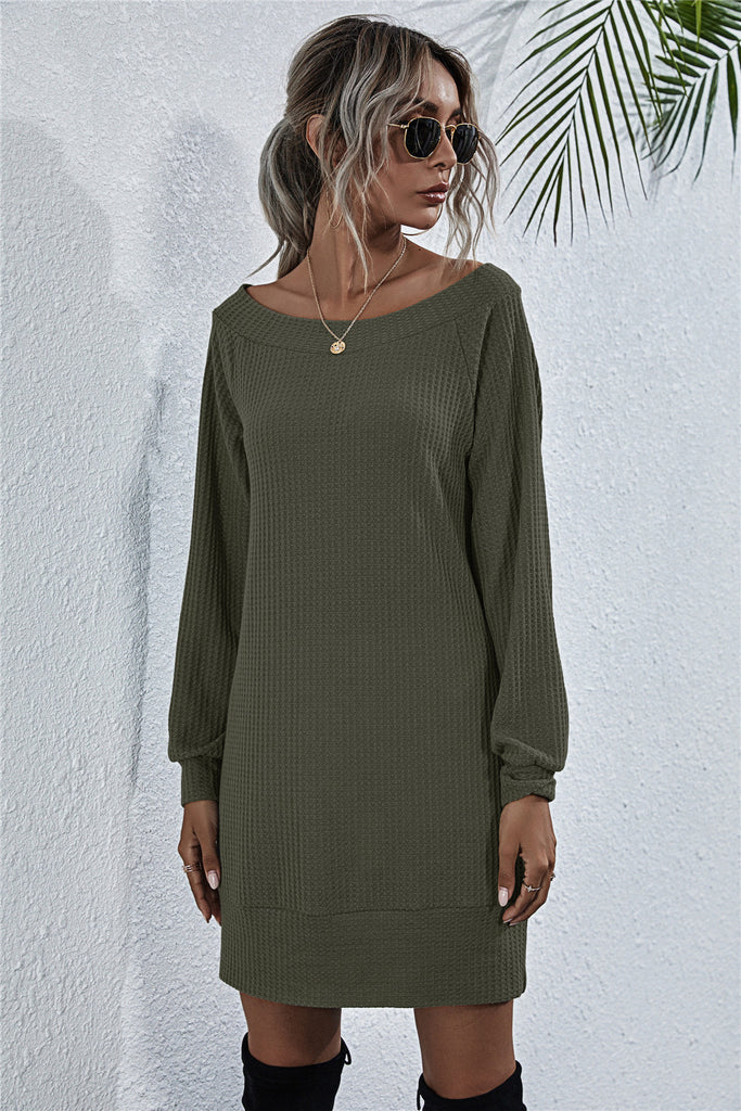 Dark Slate Gray Here For The View Waffle-Knit Boat Neck Mini Dress Mini Dresses