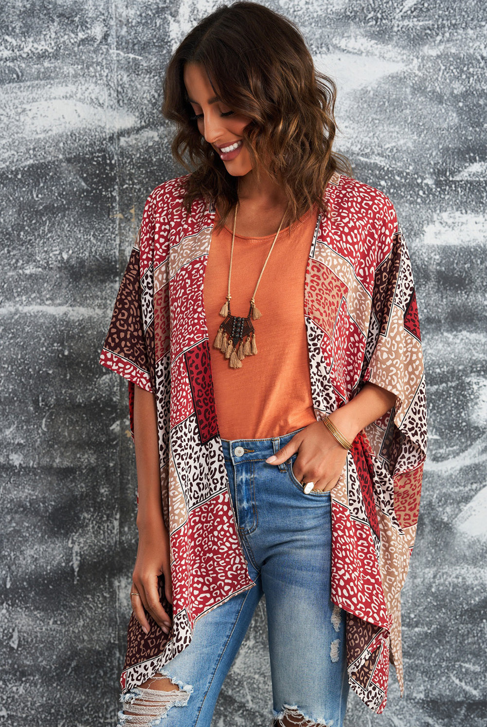 Dim Gray Leopard Patchwork Open Front Cardigan Clothing