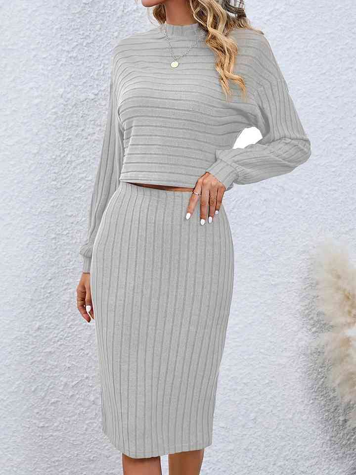 Gray Mock Neck Top and Skirt Set New Year Looks