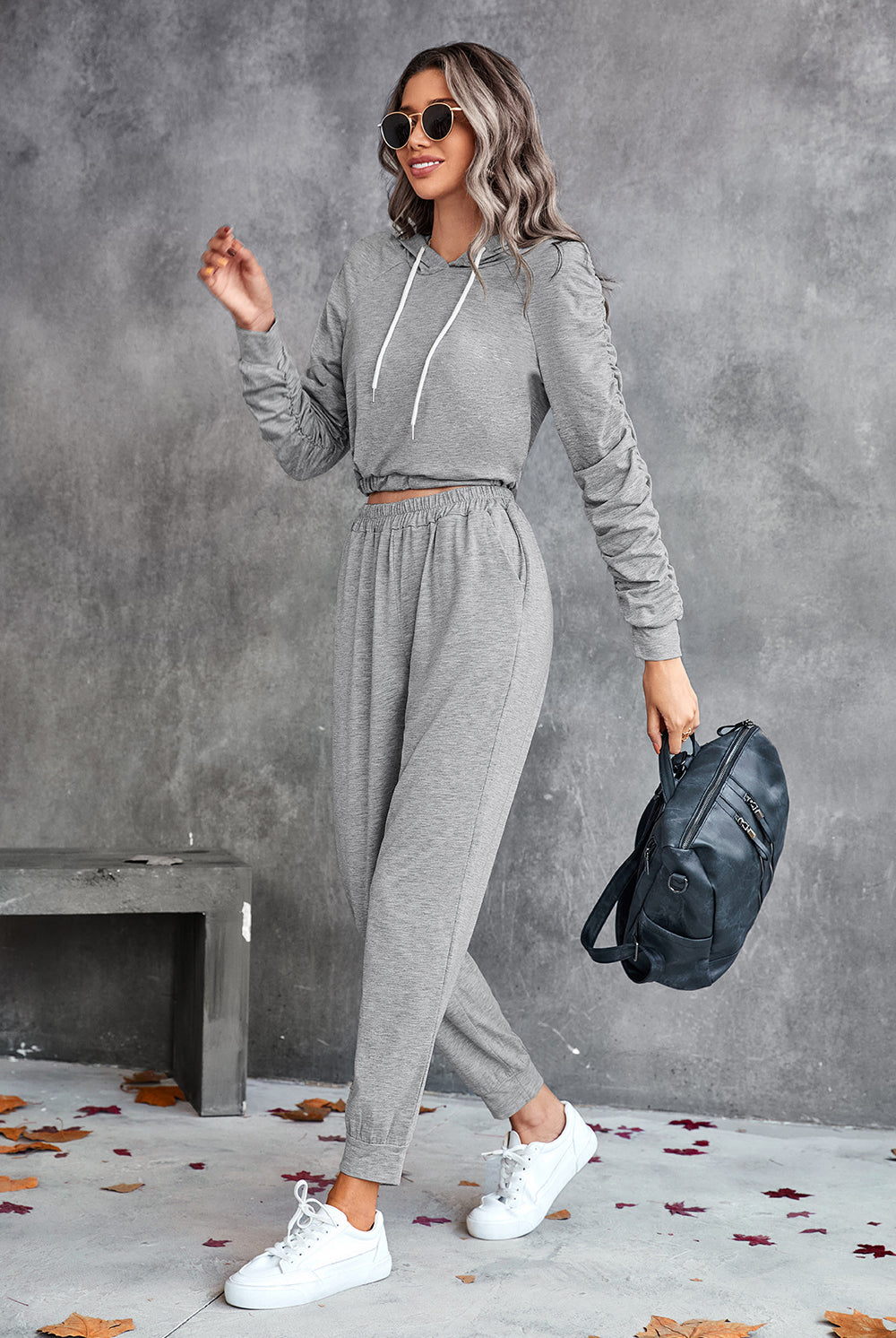 Light Slate Gray Ruched Raglan Sleeve Hoodie and Joggers Set Outfit Sets