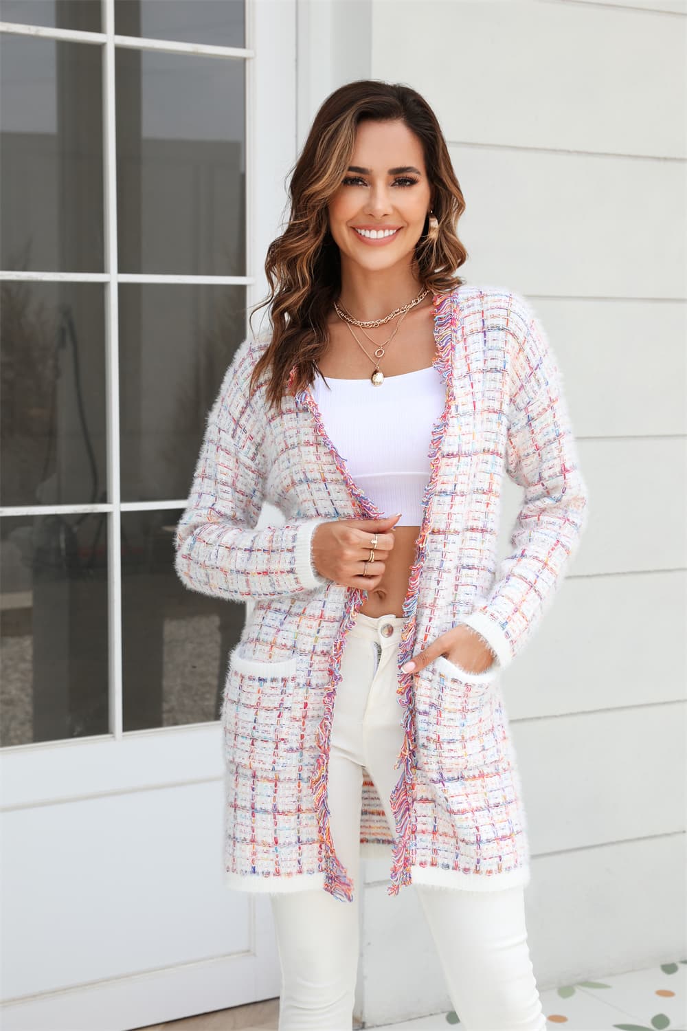 Light Gray Plaid Fringe Trim Open Front Longline Cardigan Clothing