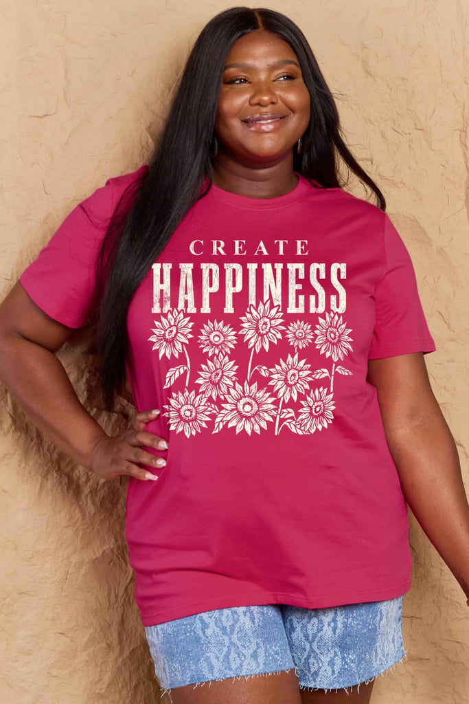 Maroon Simply Love Full Size CREATE HAPPINESS Graphic Cotton T-Shirt Graphic Tees