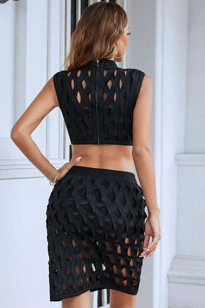 Black Openwork Cropped Top and Skirt Set Outfit Sets