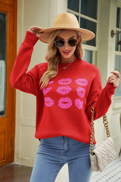 Brown Contrast Lip Pattern Round Neck Slit Sweater Clothing