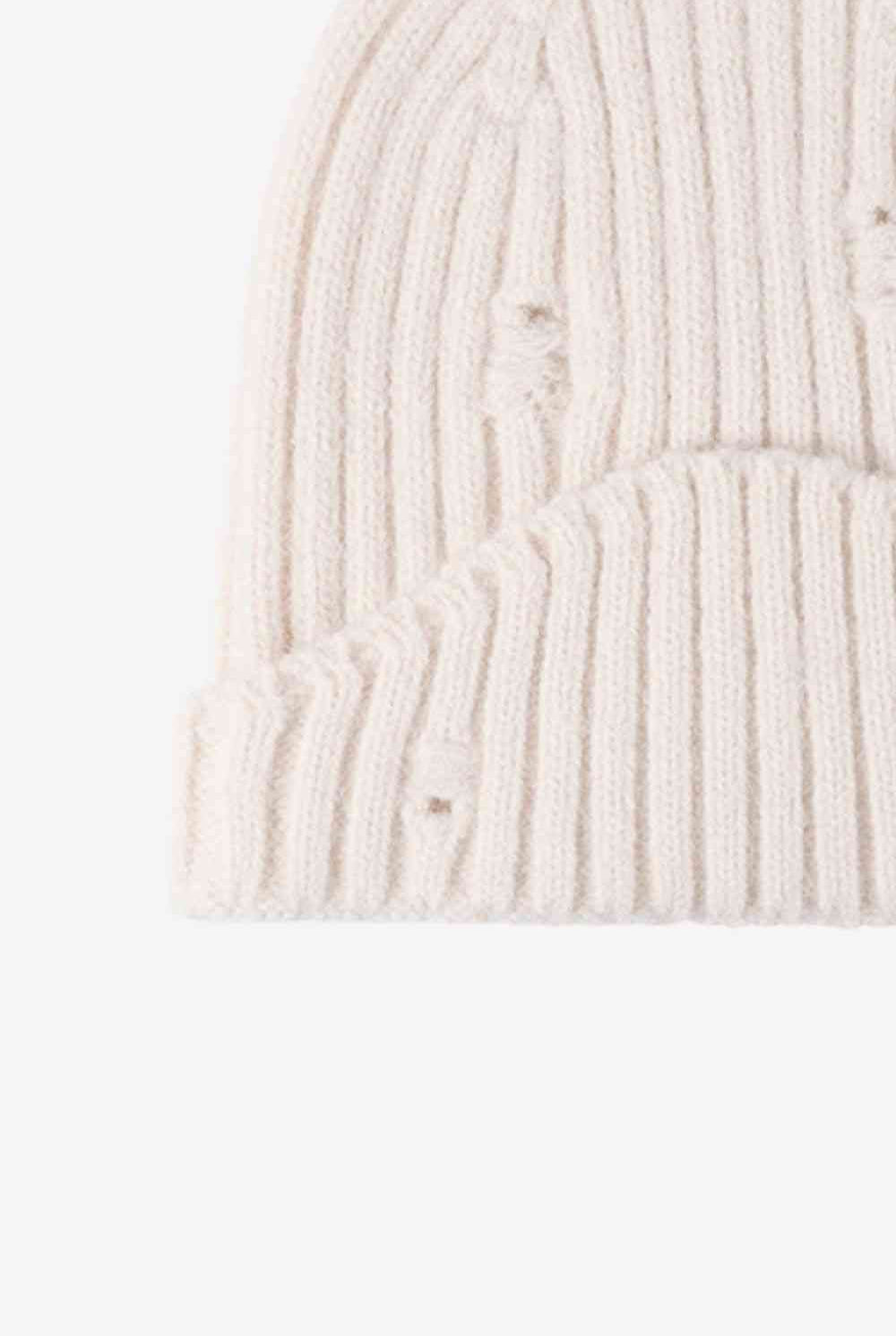 White Smoke Distressed Rib-Knit Beanie Winter Accessories