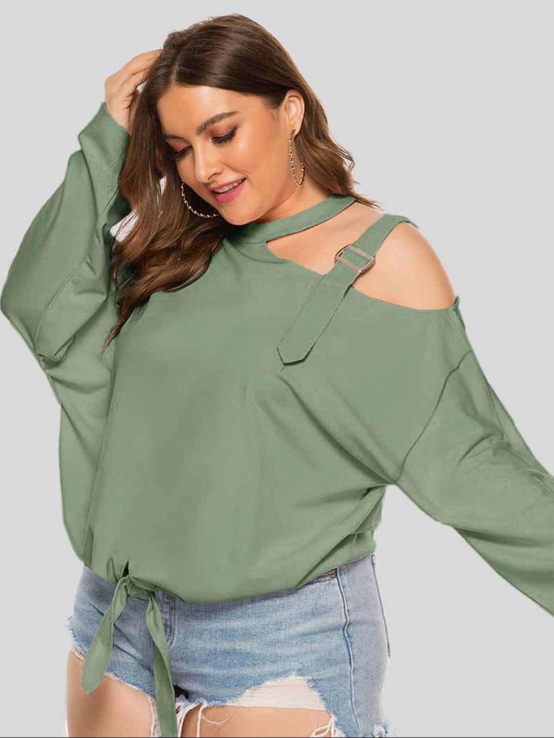 Gray Plus Size Cold-Shoulder Tied Top Clothing