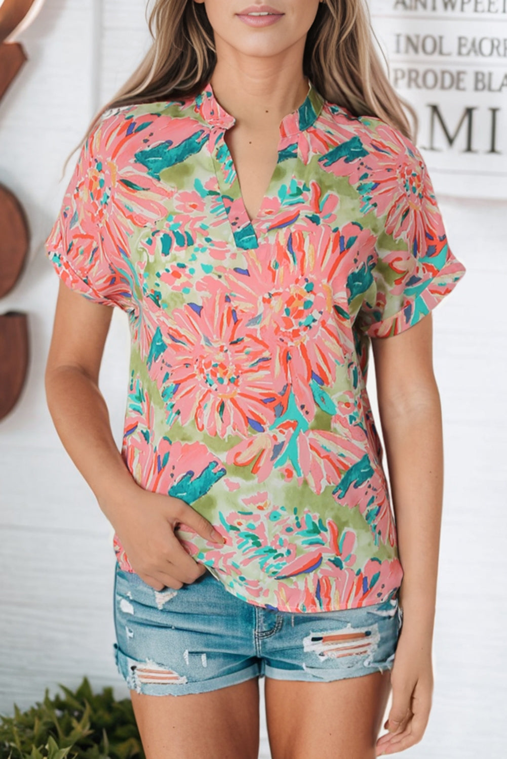 Rosy Brown Floral Notched Neck Short Sleeve Top Tops