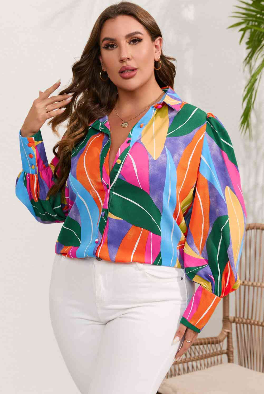 Light Gray Plus Size Printed Collared Neck Long Sleeve Shirt Plus Size Clothes