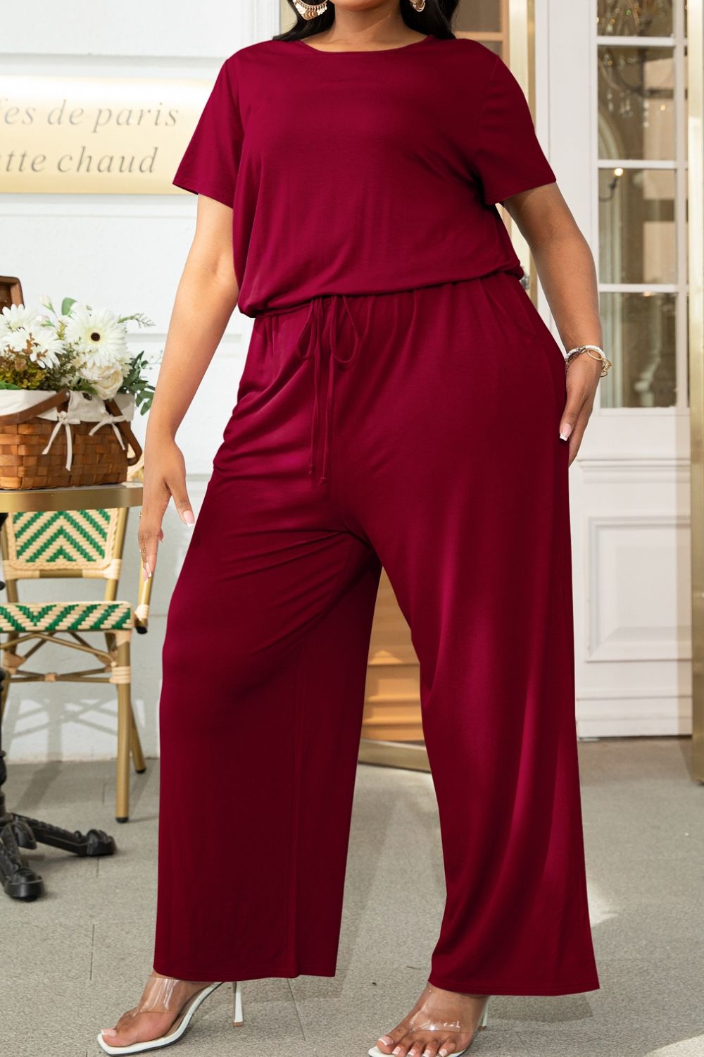 Saddle Brown Plus Size Drawstring Waist Short Sleeve Jumpsuit Plus Size Clothes
